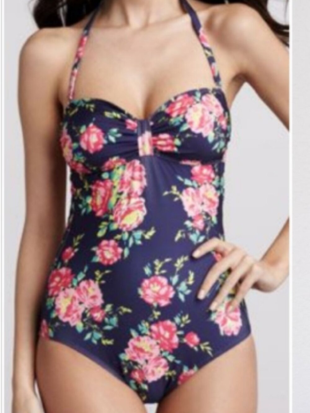 Splendid Swim One Piece Swimsuit Size L Navy Floral Bow Front Open Back Peony